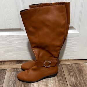 Brown wide calf Knee-High faux leather boots